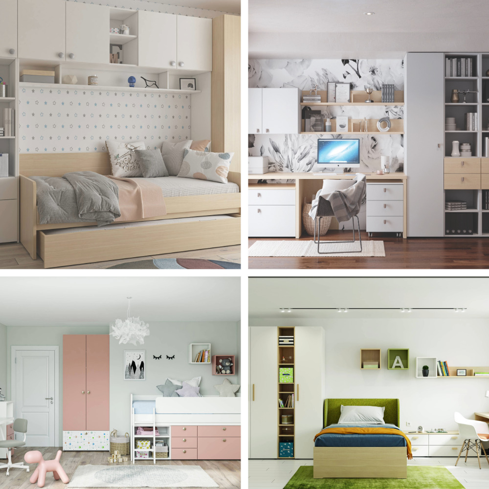 Kolaž štirih različnih postavitev otroške sobe Alples Magnet, ki prikazuje brezčasen in prilagodljiv dizajn od otroških do najstniških let.