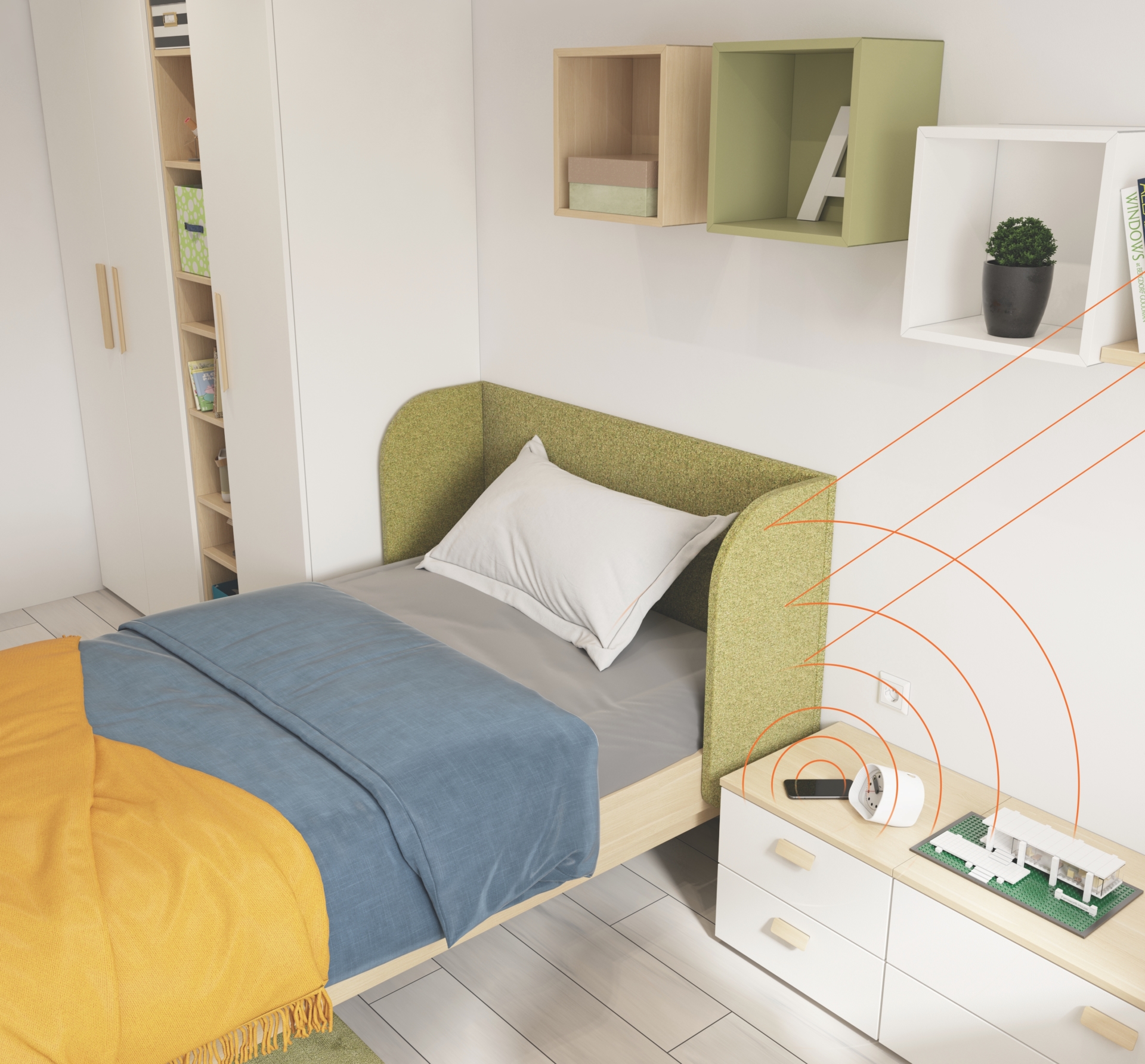 Oblazinjena zaščitna stranica Magnet za otroško posteljo v zeleni barvi s prikazom zaščite pred sevanjem elektronskih naprav na nočni omarici.