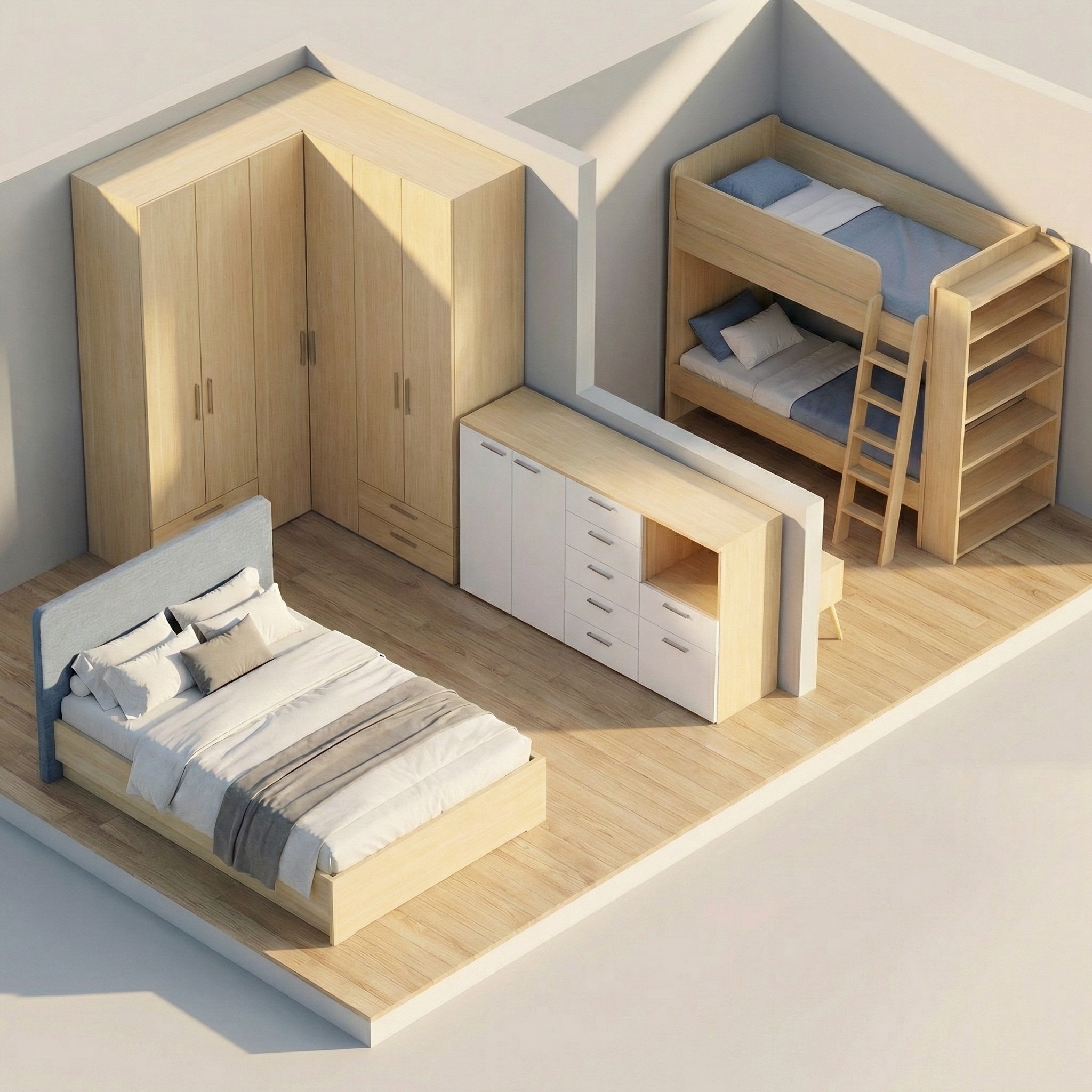 3D vizualizacija sodobnega stanovanja z opremo Alples: vključuje klasično leseno posteljo v spalnici, kotno garderobno omaro v prehodnem delu in leseni otroški pograd v manjši sobi. Poudarek na funkcionalni razporeditvi in naravnem lesu.