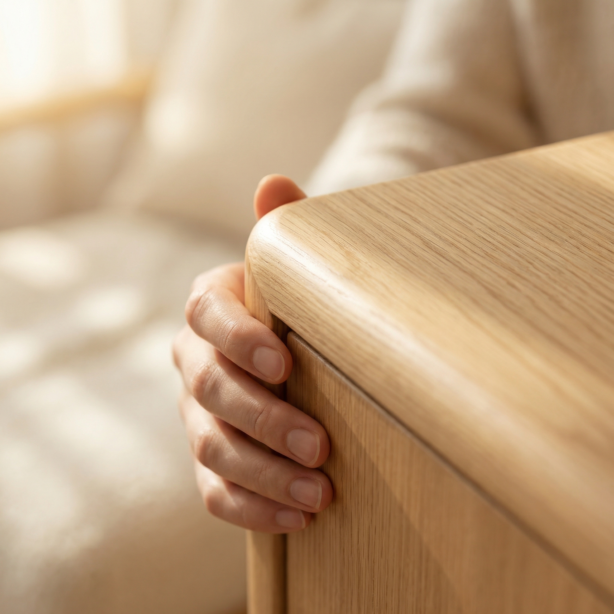 A close-up, photorealistic shot of a modern kitchen or bedroom drawer being gently pushed closed. A person's hand is visible, pressing the clean, light-wood drawer face. The hand and the front third of the drawer are in sharp focus, showcasing a smooth finish and a clearly rounded, soft front edge. The central part of the drawer, where it meets the cabinet frame and the internal soft-close mechanism, is subtly blurred with controlled horizontal motion blur. This blur visually indicates the slow, decelerated, and perfectly smooth closing action, rather than a fast or harsh slam. The scene is lit by soft, natural ambient light from a window, emphasizing the textures and the gentle closing action. Only the front handle area is sharply detailed; the surrounding environment is softly out of focus. High-definition 8k, cinematic lighting, textural detail, focused on smooth kinetic motion.